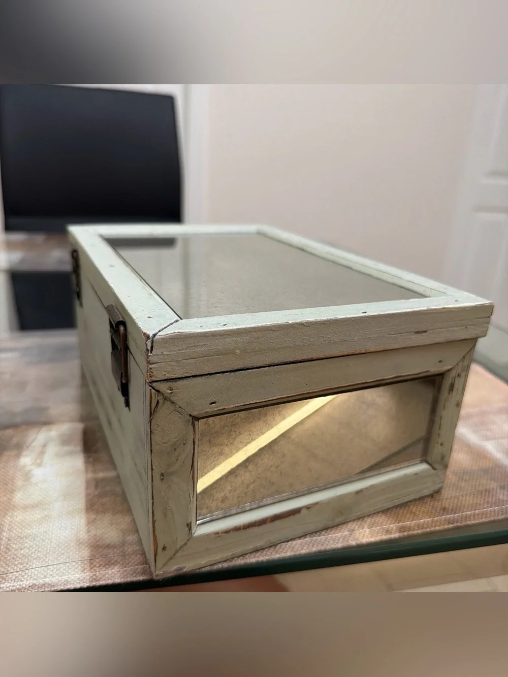 Distressed White Glass-Top Jewelry Box with Vintage Latch